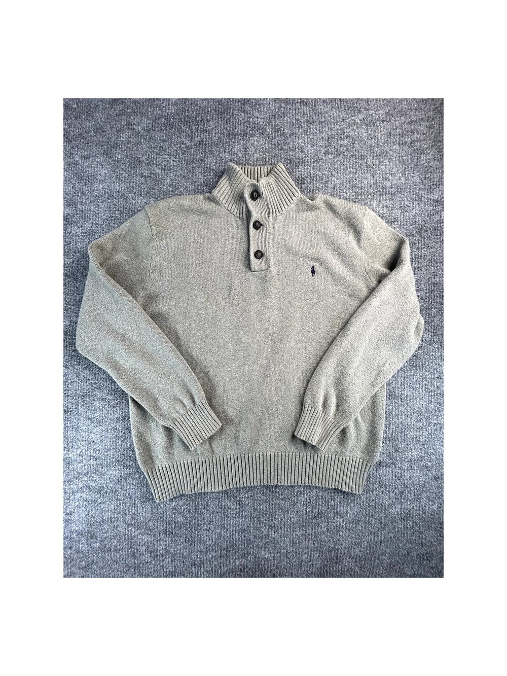 Polo Ralph Lauren M XL Gray Shawl Collar Button Mock Neck Knit Sweater Pullover